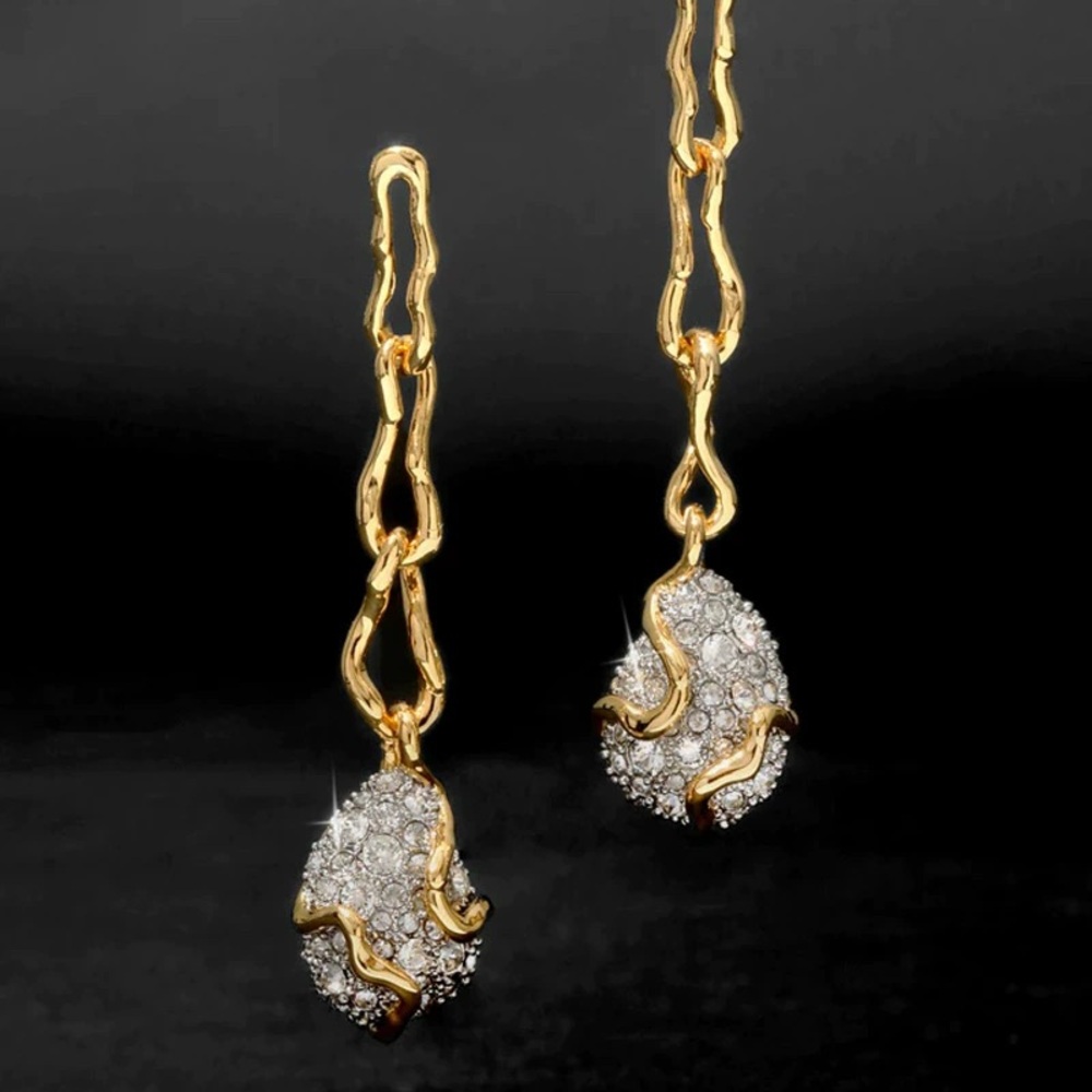 Gold Drop Earrings with Clear Crystal Pavé Accents
